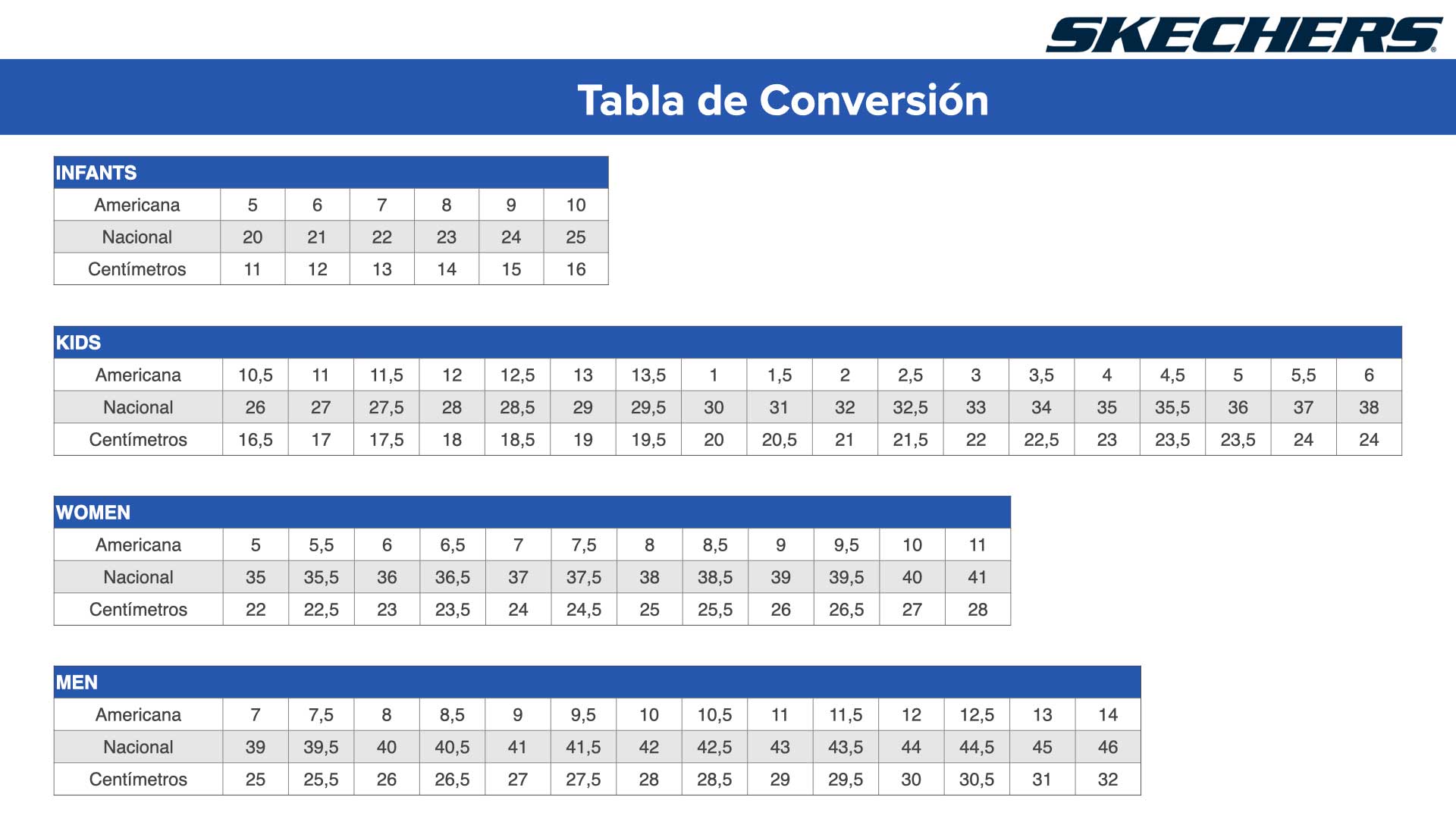 Skechers tabla de online medidas